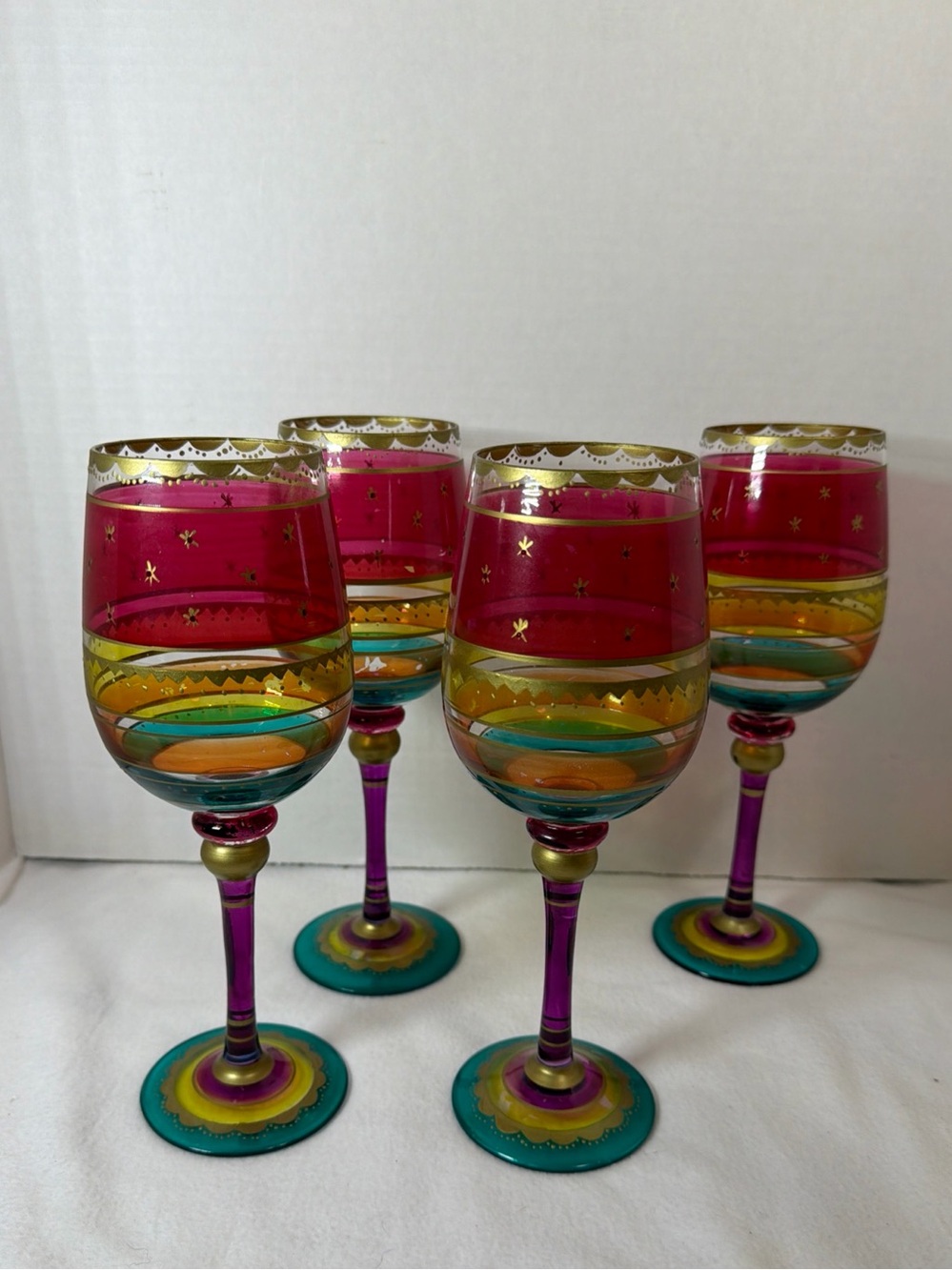 Pier 1 Festive Stripe Hand Painted Wine Glass Set of 4 Jewel Tone Gold Boho